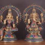 Pure Brass Ganesh Lakshmi Idol Pair with Meenakari Stonework – 27" Height